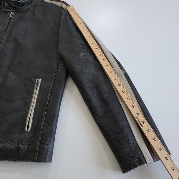Danier Leather Jacket Men M Gray Biker Zip Striped LS Pockets Textured Rigid VTG - Picture 6 of 16
